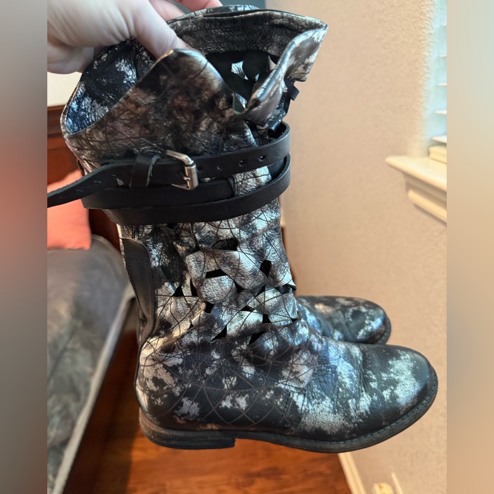 A.S.98 Black and Silver Combat Boots with cutouts
